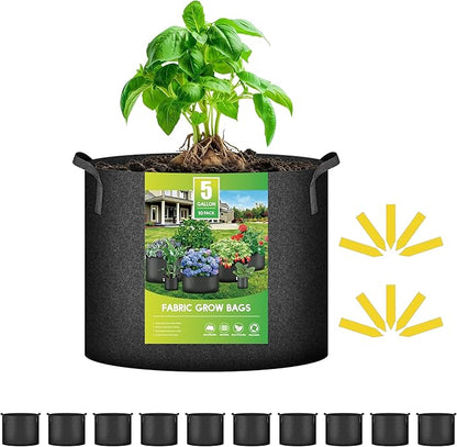 iPower 10 Pack 5 Gallon Grow Bags 300G Thickened Sturdy Plant Fabric Pots with 10 Labels and Handles, Aeration Garden Cloth Planter Bag for Outdoor Fruits, Vegetables and Flowers