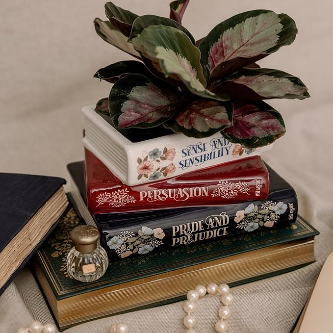 Steel Mill & Co Original Small Book-Shaped Decorative Planter, Ceramic Planter for Home Decor, Cute Bookshelf Decor, Unique Planter for Book Lovers, Classic Titles, Jane Austen