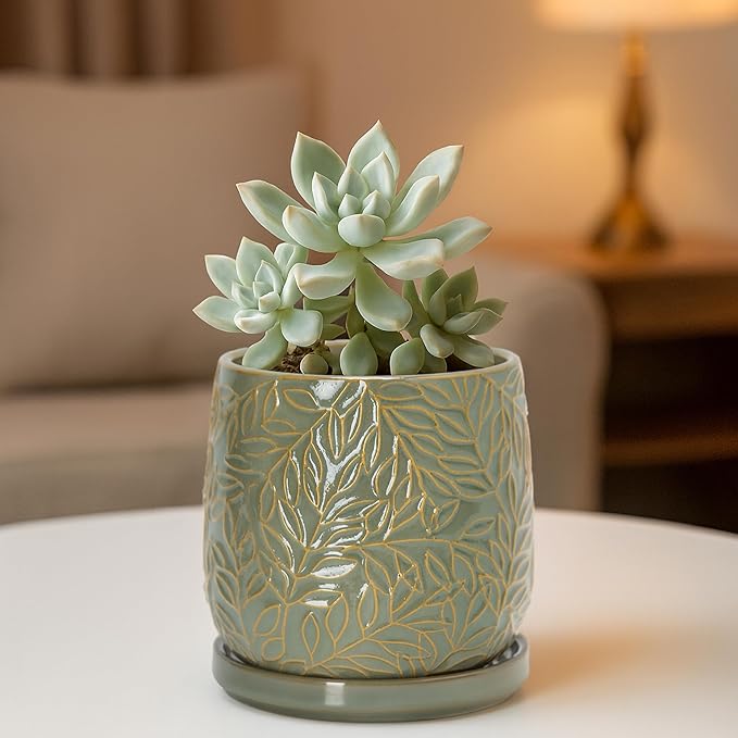 D'vine Dev 5 Inch Embossed Leaves Stoneware Planter Pot with Drainage Hole and Saucer, Olive, 27-A-V-0