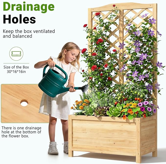 DoCred Raised Garden Bed with Trellis, 30" L x 16" W x 59" H Freestanding Elevated Planter Box for Climbing Plants, Outdoor Wooden Privacy Screen with Garden Box for Backyard Patio Balcony Decor