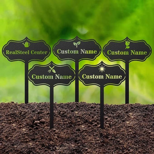 RealSteel Custom Seed & Plant Markers – Metal Garden Stakes for Herbs, Fruits & Vegetables | Elegant Steel Plant Labels for Pots, Raised Beds & Outdoor Gardens | Farmhouse & Greenhouse | Sprout Icon