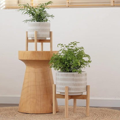 LA JOLIE MUSE Ceramic Plant Pot with Wood Stand - 7.3 Inch Modern Round Decorative Flower Pot Indoor with Wood Planter Holder, Beige and White