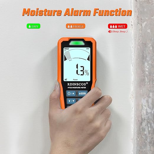 RDINSCOS Pinless Moisture Meter, 6-in-1 Moisture Detector Non-Destructive Humidity Tester for Wood,Drywall, Plaster, Concrete, Screed & Flooring with Audible Alarm & Rechargeable Battery