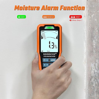 RDINSCOS Pinless Moisture Meter, 6-in-1 Moisture Detector Non-Destructive Humidity Tester for Wood,Drywall, Plaster, Concrete, Screed & Flooring with Audible Alarm & Rechargeable Battery