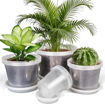 Clear Nursery Pots with Drainage and Saucers, 24 Pack 4/6/8/10 Inch Clear Pots for Plants, Plastic Plant Pots for Indoor Outdoor Flower Seed Starting Pots (4/6/8/10 Inch×6pcs)