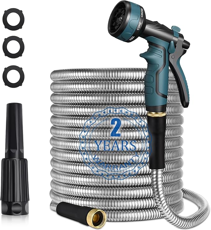 HmiL-U Silver Metal 50FT Garden Hose with 8 Function Nozzle, Heavy Duty, Kink Free, Rust-proof, Anti-puncture, Lightweight, Durable, Weatherproof, 600 Inches, 2 Inches Width