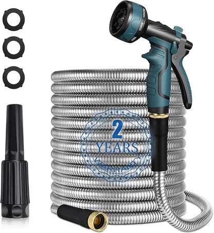 HmiL-U Silver Metal 50FT Garden Hose with 8 Function Nozzle, Heavy Duty, Kink Free, Rust-proof, Anti-puncture, Lightweight, Durable, Weatherproof, 600 Inches, 2 Inches Width