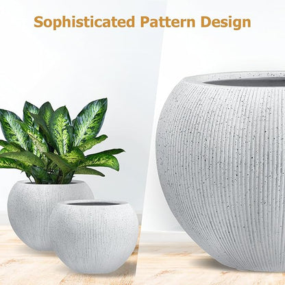 12.8" H x 16" D Ribbed Globo Fiberstone Round Planter with Drainage Hole, Weather Resistant for Indoor and Outdoor Use, Included 2 Extra Coco Mats (Speckled White, 10.7" Pot Opening)