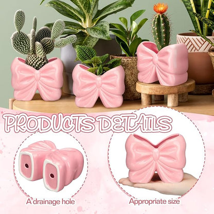 2 Pcs Coquette Bow Succulent Pots with Drainage Pink Bowtie Ceramic Planter Pots Plants Holder Bowtie Shaped Cactus Flower Container for Home and Office Desk Display Coquette Party Decoration