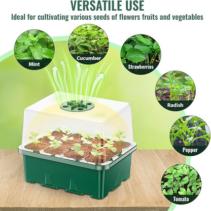 NBPLUS Seed Starter Tray with Grow Light, 5 Pack 60 Cells Seed Starter kit with Humidity Dome and Base, Plant Seedling Trays Indoor Greenhouse Gardening (Green 5 Pack)