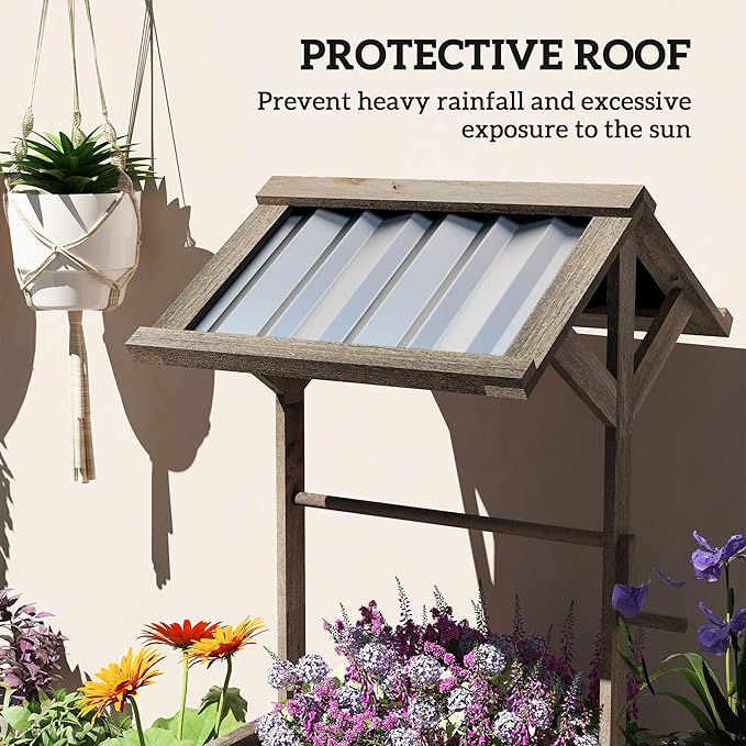 Outsunny Wooden Wishing Well Planter, Raised Garden Bed with Galvanized Canopy, Hexagon Outdoor Planter Box for Flowers, Herbs and Vegetables, Light Gray
