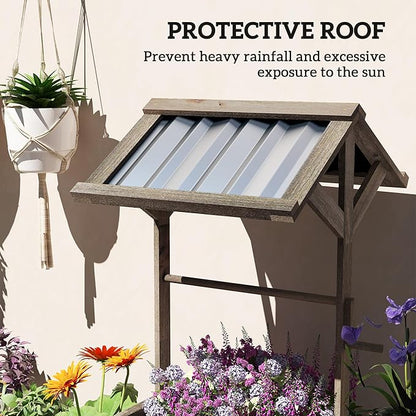 Outsunny Wooden Wishing Well Planter, Raised Garden Bed with Galvanized Canopy, Hexagon Outdoor Planter Box for Flowers, Herbs and Vegetables, Light Gray