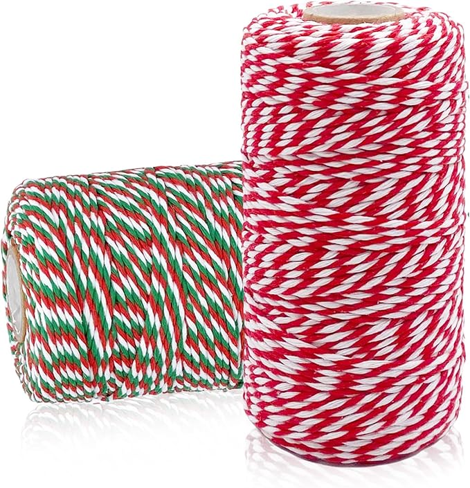 2 x Christmas Cotton Twine, 2 mm 100 m Green and Red and White Cotton Twine for Christmas Gift Packaging, Baking, Cooking, DIY and Decoration
