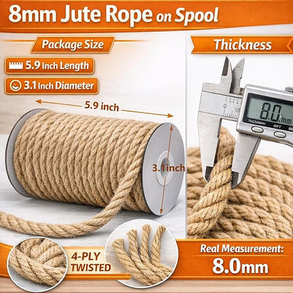 Leecogo Jute Rope, 8mm Thick, 50 Feet, Natural Color for Crafts Gardening Cat Scratching Post Repair