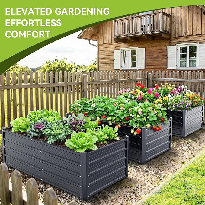 Ohuhu Metal Raised Garden Bed Outdoor, 6x3x1.5FT Reinforced Galvanized Rustproof Colored Steel Planter Boxes for Vegetables, Heavy Duty Raised Beds for Growing Flowers Herbs Succulents 2-Pack