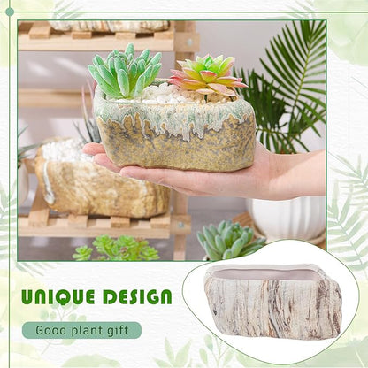 6 Pcs 5.3 Inch Ceramic Succulent Pots Stone Shape Bulk Rectangle Window Box Cactus Plant with Drainage Hole Succulent Planters Small Cactus Pots for Indoor Garden Office Table Decor Gift