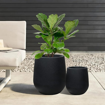 11.8 Inch Plastic Tall Planters for Outdoor Plants, Modern Black Round Tapered Flower Pot for Outdoor and Indoor Plants, Large Plant Pot with Drainage Holes and Rubber Plug for Home Garden Patio