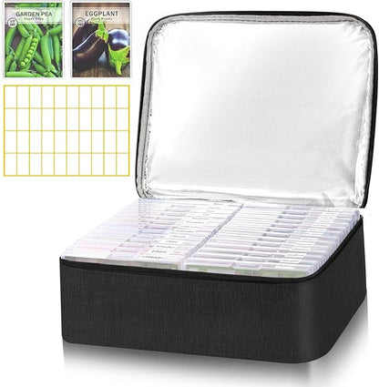 26 Slots Seed Storage Organizer Box with Insulated Bag That Holds 80-200 Seed Envelopes, Oxford Cloth Garden Seed Containers with Labels, Seed Packet Organizer for Plant, Flower ,Vegetable Seeds