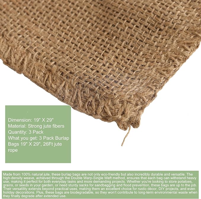 Heavy-Duty Burlap Sacks 23" X 38.6" with Drawstring, 3 Pack – Eco-Friendly Reusable and Durable Gunny Sacks for Potatoes, Grains, Gardening, Sack Racing and Frost Protection