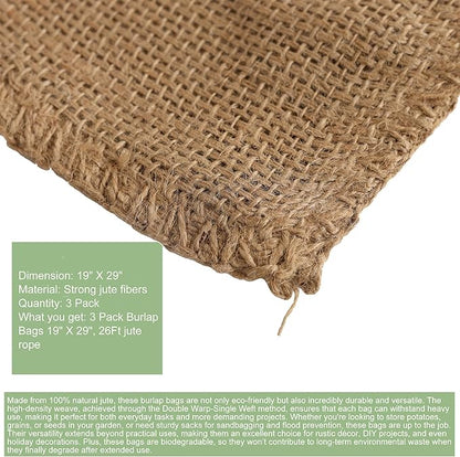 Natural Burlap Bags 19" X 29" with Drawstring, 3 Pack – Eco-Friendly Durable Brown Burlap Bags for Storage, Agriculture, Flood Control, Gardening and Frost Protection