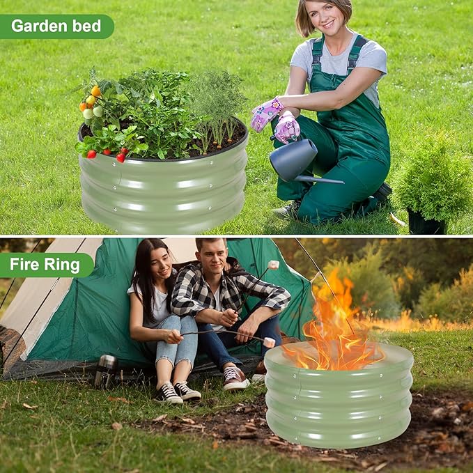 Galvanized Raised Garden Bed- 2Pcs 2x2x1FT Metal Planter Boxes Outdoor | Round Steel Raised Bed Kit & Fire Pit Ring for Gardening with Protective Tape, Gloves for Vegetables, Flower (Green)