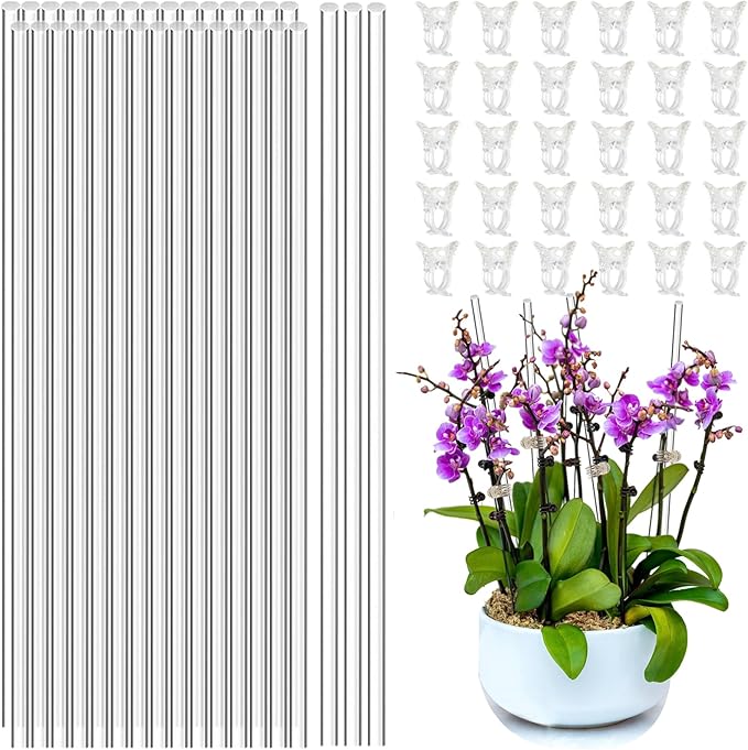 30pcs17.8in Acrylic Plant Stakes Reusable Plant Stick 30pcs Clear Plant Support Stakes with 30 Clips Garden Single Stem Orchid Stakes Potted Plant Support Sticks for Indoor and Outdoor Plants Flowers