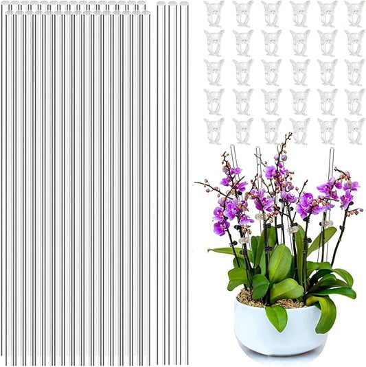30pcs17.8in Acrylic Plant Stakes Reusable Plant Stick 30pcs Clear Plant Support Stakes with 30 Clips Garden Single Stem Orchid Stakes Potted Plant Support Sticks for Indoor and Outdoor Plants Flowers