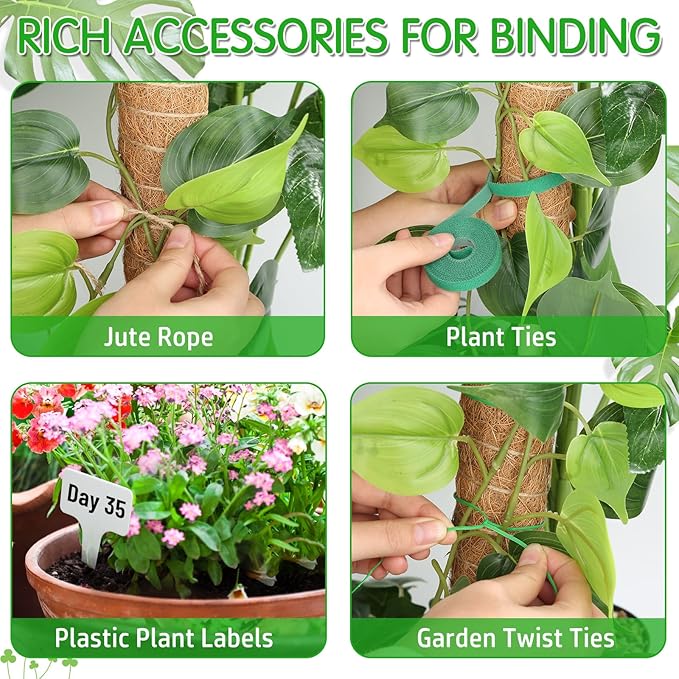 4 Pack 21.7" Coco Coir Poles, Stackable Plant Stakes Moss Pole for Plant Monstera with Twist Ties Plant Ties Labels Jute Rope, Plant Sticks Support for Climbing Plants Growth Indoor