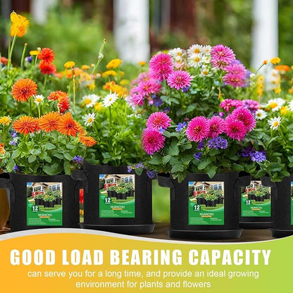 12 Sets 1 Gallon Grow Bags with Plant Saucers, Durable Fabric Plant Pots with Handles, Aeration Drainage Planter Bags for Planter, Reusable Garden Bags Drip Trays Set for Indoor Outdoor