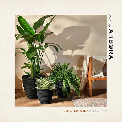 ARBORA 16" Ibiza Polyresin Indoor and Outdoor Planter with Classic Black Finish - Durable, Weatherproof, Lightweight, Large Plant Pot for Patio, Garden, Deck, Entryway