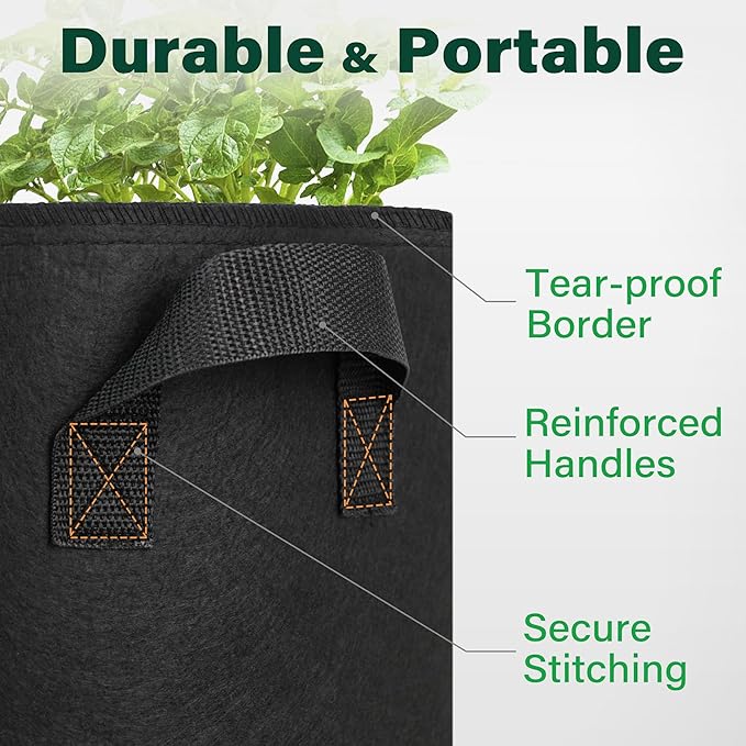 LotFancy 5 Pack 5 Gallon Grow Bags, Thickened Nonwoven Fabric Pots with Reinforced Handles, Heavy Duty 300G Aeration Planter Bags for Vegetables Flowers Fruits, Black