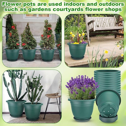 12 Pcs 12'' Plastic Plant Pots Round Planter Pots with Saucer Tray Seedling Pot Hole Seed Resin Plant Pot Starting Nursery Flower Container with Pallet for Garden Outdoor Indoor (Green)