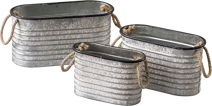 SOFE Rustic Galvanized Tub Small Oval Planter Set of 3, Planters for Indoor Plants, Metal Bucket with Rope Handles, Farmhouse Indoor Plant Pot Home Decor for Outdoor Garden