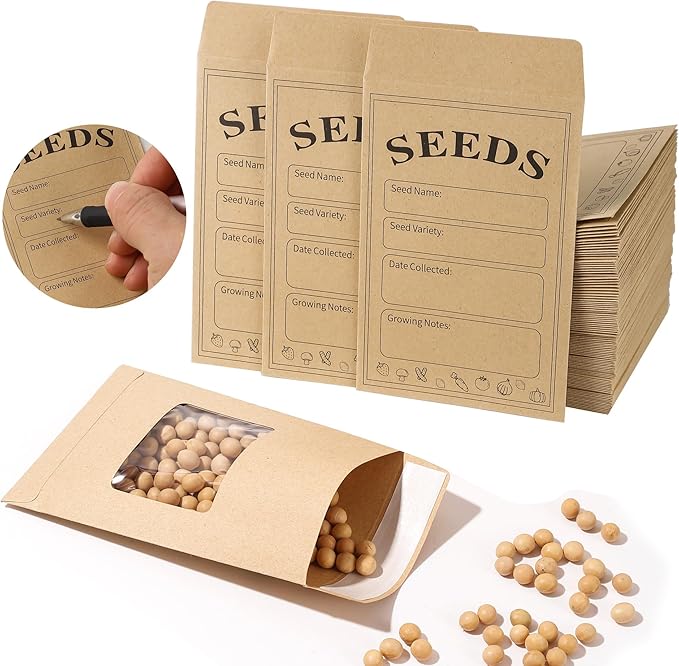 100 PCS Seed Packets Clear Envelopes, Self Sealing Kraft Bags 3.15”x 4.72”, Seed Storage Organizer Mini Envelopes with Preprinted Collecting Template for Flower Vegetable Seed Collection(A style)