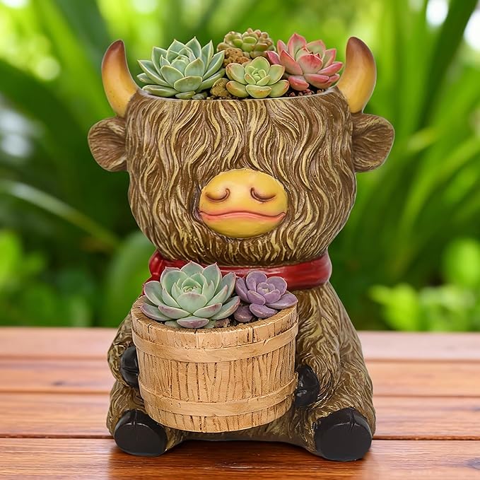Cute Plant Pots Decor Gifts - Highland Cow Planter with Two Planters Animal Flower Pots with Drainage,Mini Succulent Pot for Home Desk Patio Decorations Outdoor Indoor Plants Pot Gift for Plant Lovers