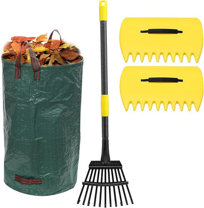 Rake for Leaves, 11 Tines 9" Wide Metal Leaf Rake with 32 Gallon Lawn and Leaf Bags & Scoops for Garden Adult Kids Lawn Shrub Yard Landscape Heavy Duty Long Handle 30-60
