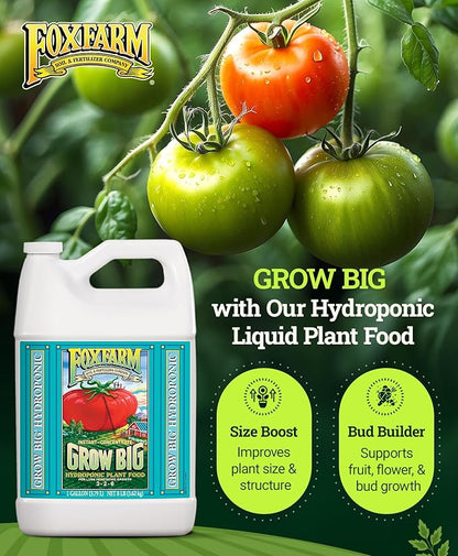 FoxFarm Grow Big Hydroponic Plant Food - 3-2-6 Liquid Plant Fertilizer for Lush Vegetative Growth in Hydroponic Systems - Liquid Concentrate with Earthworm Castings & Micronutrients - 1 Gallon