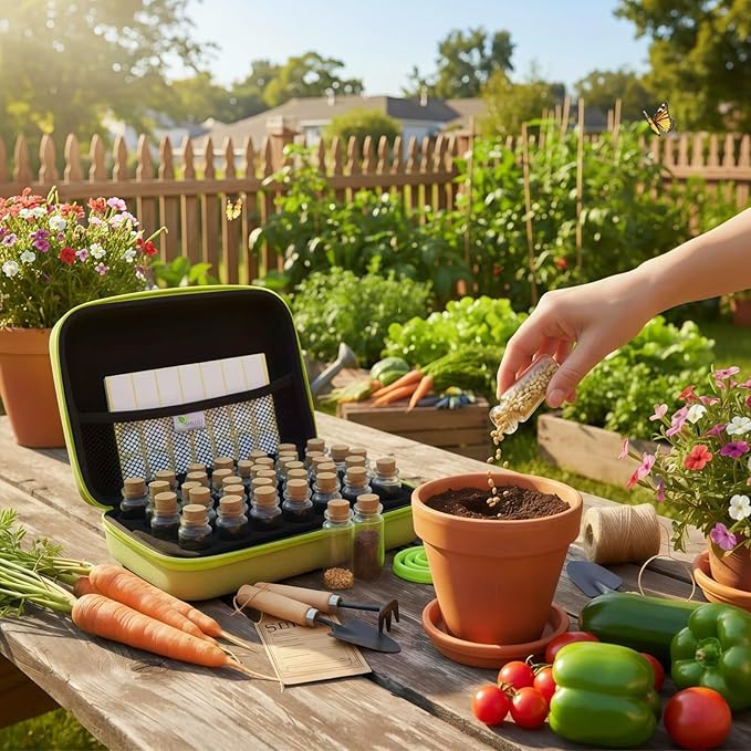 【40 Slots】 Seed Storage Organizer, Sturdy Organizer Box with Dual Zipper Bag and 42Pcs Label Stickers, Glass Seed Storage Container for Flower Vegetable Plants Garden Seeds Saving, Green