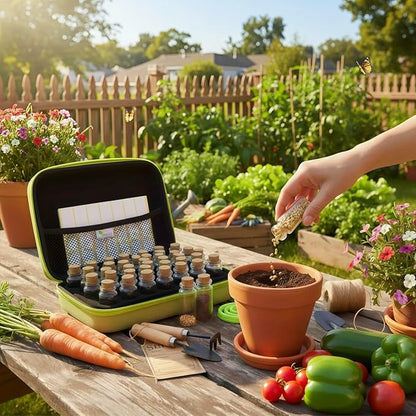 【40 Slots】 Seed Storage Organizer, Sturdy Organizer Box with Dual Zipper Bag and 42Pcs Label Stickers, Glass Seed Storage Container for Flower Vegetable Plants Garden Seeds Saving, Green