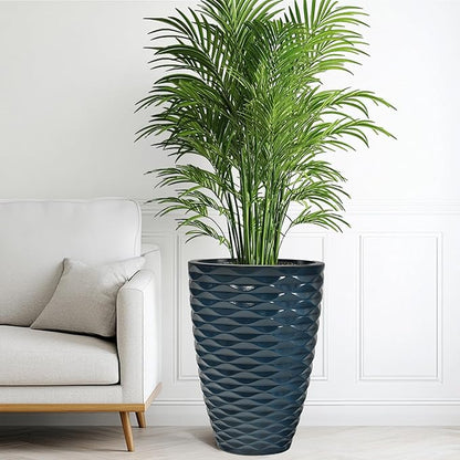 19" H Coastal Planter for Indoor/Outdoor Plants, Set of 2 Large Flower Pot with Drainage Hole, Weather/UV Resistant Resin Planters for Garden Patio Porch Home office Decor, Glossy Navy Blue Wavy
