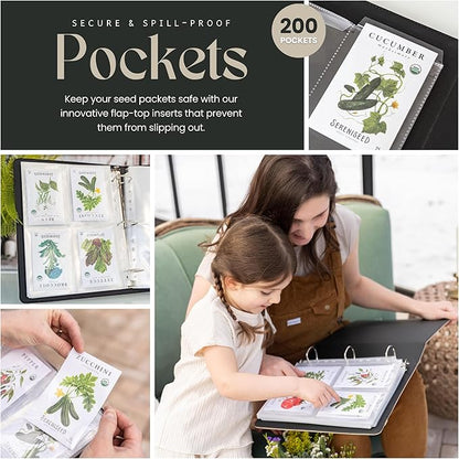 Seed Storage Binder – Seed Packet Organizer w/50 Sheet Protectors & Protective Flap-Top Inserts Stores 200 Envelopes Binder w/5 Dividers for Sorting Seeds & Gardening Supplies