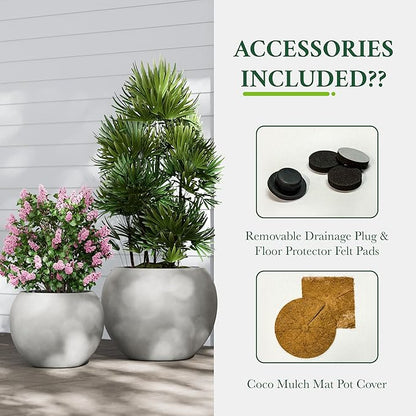 DTY Mount Sherman 21.1'' D x 16.7'' H (Pot Opening 14.6") Fiberstone Round Planter with Drainage Hole, Smooth Finishes, Weather Resistant for Indoor and Outdoor, 2 Extra Coco Mats - Gray, Large