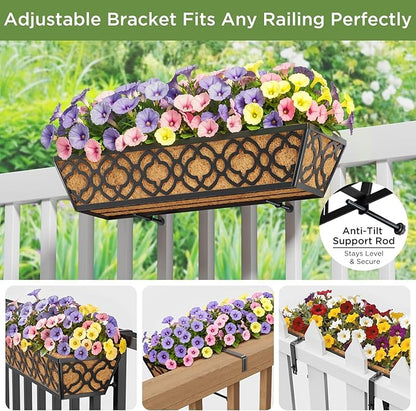Y&M 24in Window Planter Box 4Pcs Iron Railing Planter with Coco Liner for Outdoor Balcony Rail, Fence, Porch, Patio