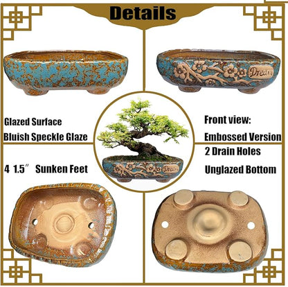 MUZHI 9.5” Rectangular Ceramic Rustic Bonsai Planter Pots with Drip Tray, Glazed Vintage Wide Mouth Shallow Pottery Bonsai Flower Planter Pots with Saucer