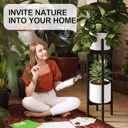 MUDEELA 2 Pack Indoor Plant Stands, 2 Tier Tall Plant Stand 30 inches, Mid Century Bamboo Plant Stand, Adjustable Width 8 - 12 inches, Fits Pot Size of 8 9 10 11 12 inches Pot & Plant Not Included, Black