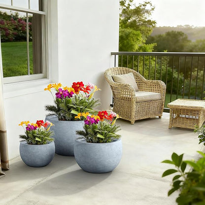 Kante 19.9",15.7",11.8" Dia Round Concrete Planter Set of 3, Outdoor/Indoor Large Bowl Plant Pots with Drainage Hole and Rubber Plug for Garden Patio Balcony Home, Slate Gray