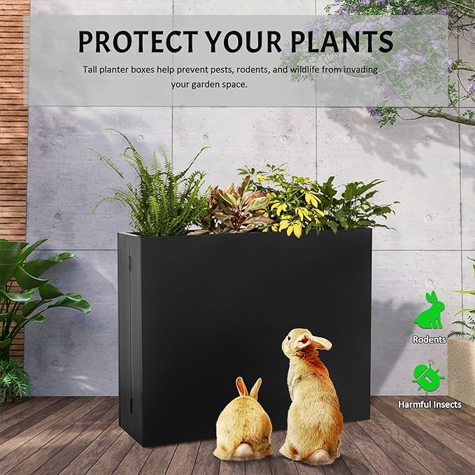 Metal Planter Box, No Installation Galvanized Steel Folding Rectangular Planter with Drainage Holes, 35.5"x 10"x 28" Black Outdoor Planter for Porch/Patio/Garden