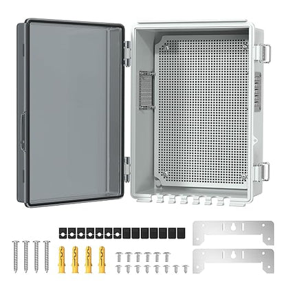 Joinfworld Outdoor Electrical Box, Waterproof Electrical Box WiFi Enclosure 11.8x6.7x5.6 Vented Electric Box Plastic Clear with Mounting Panel Cable Grommet Stainless Steel Dust Screen