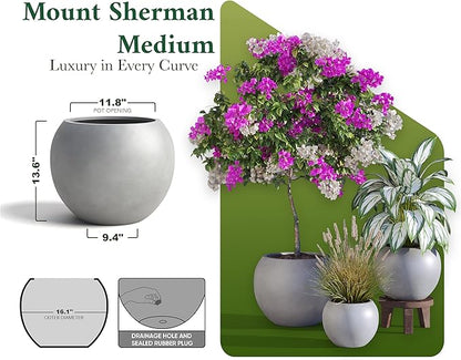 DTY Mount Sherman 16.1'' D x 13.6'' H (Pot Opening 11.8") Fiberstone Round Planter with Drainage Hole, Smooth Finishes, Weather Resistant for Indoor and Outdoor, 2 Extra Coco Mats - Gray, Medium