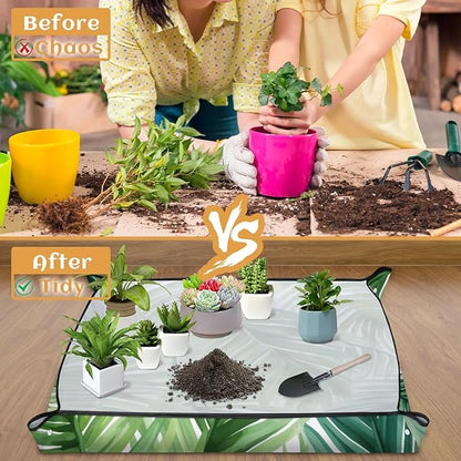 Pardick Repotting Mat for Indoor Plant 19.7"x19.7" Tropical Leaves Soil Change Mat Waterproof Planting Tray Foldable Succulent Potting Mat Gardening Gifts for Women Men Plant Lovers